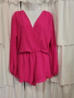 Women's Fuchsia Long-Sleeve Surplice Romper